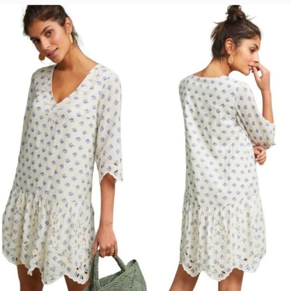 Anthropologie Meadow Rue Blue Floral Eyelet Dress